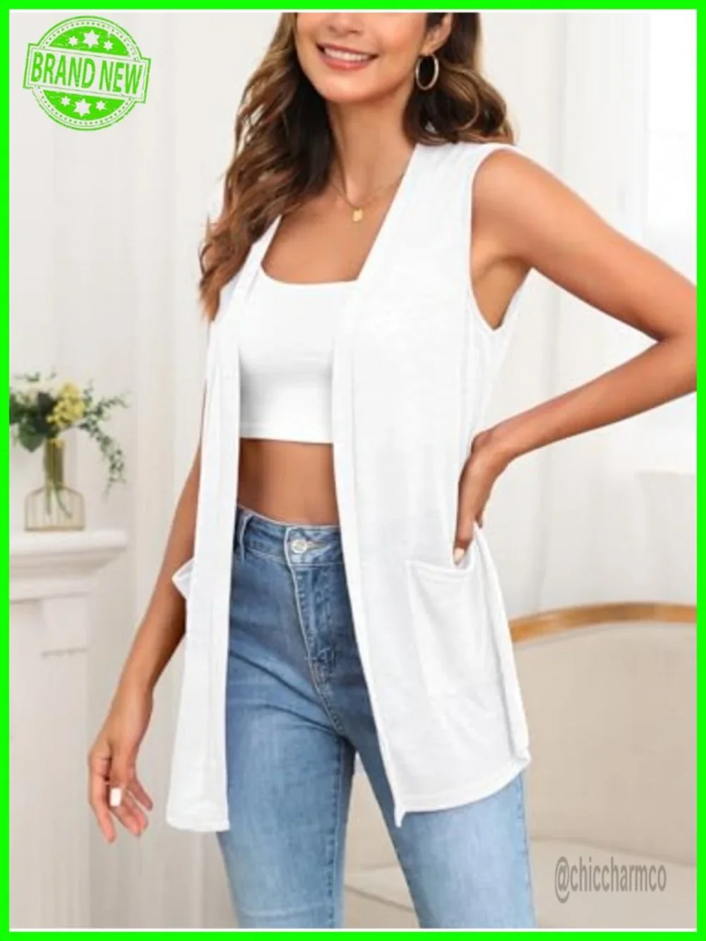 Lightweight Knit Sleeveless Cardigan Vest with Pockets Curved Hem Open Front